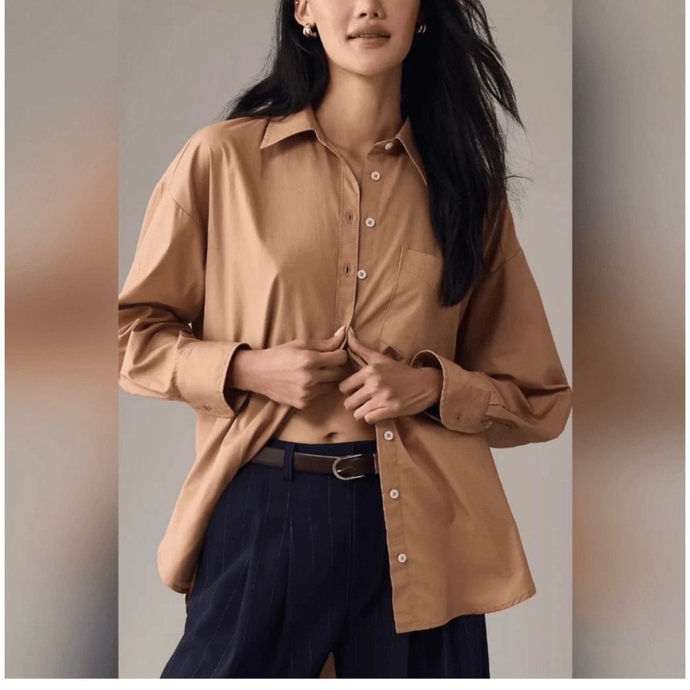 Maeve Anthropologie Womens XL Tan Cotton Oversized High Low Button Down Shirt